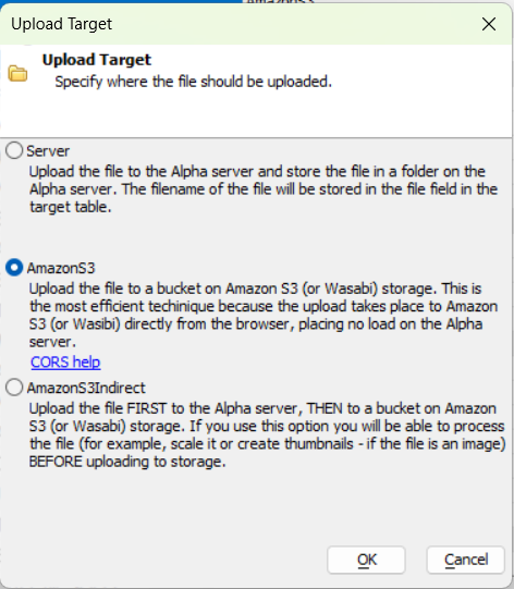 Upload Target dialog